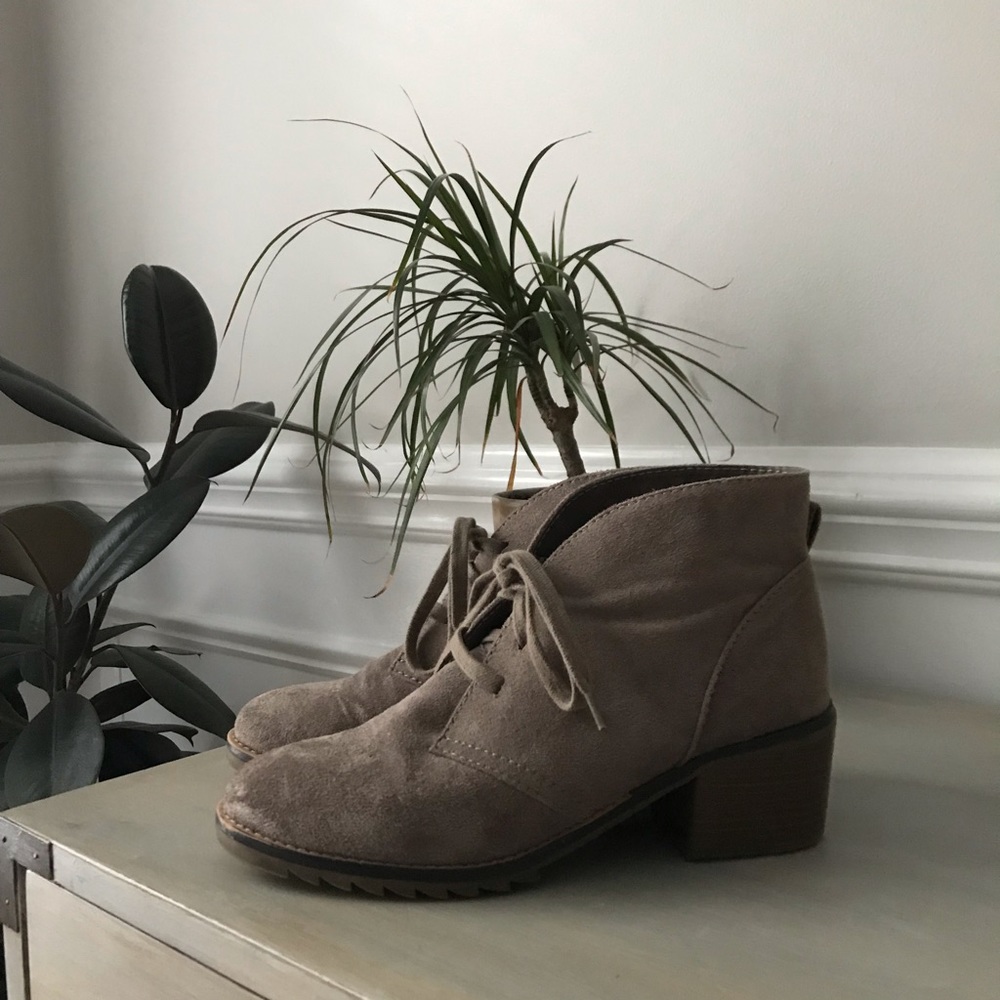 Lace up faux suede ankle booties.